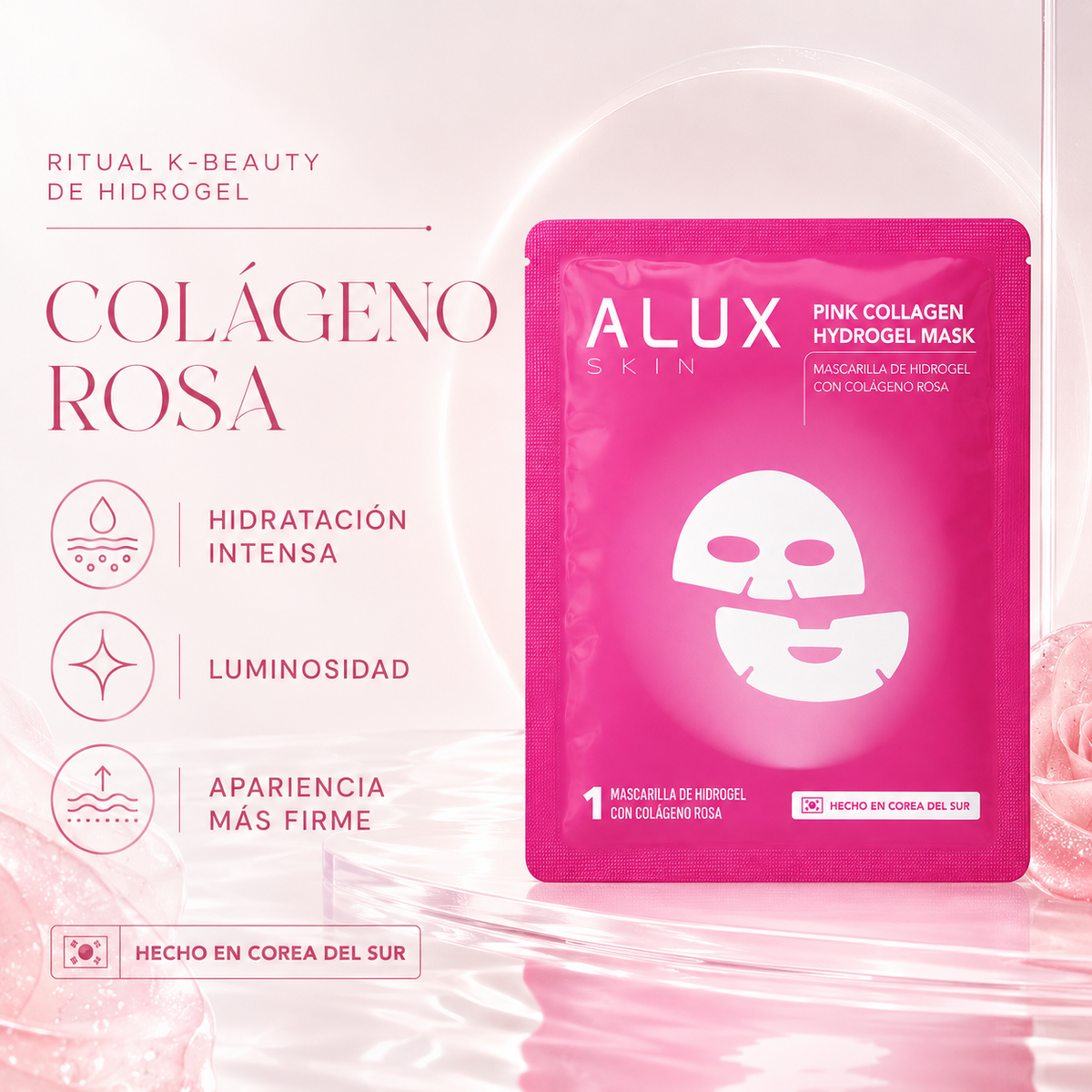 Alux Skin Pink Collagen Hydrogel Mask - Mascarilla Facial de Colágeno Rosa, 1 pieza